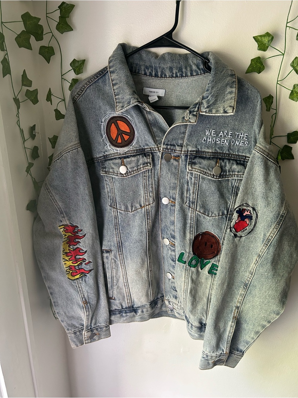 Forever 21 x Ron Bass Oversized Embroidered Denim Jacket 0X Boho Streetwear